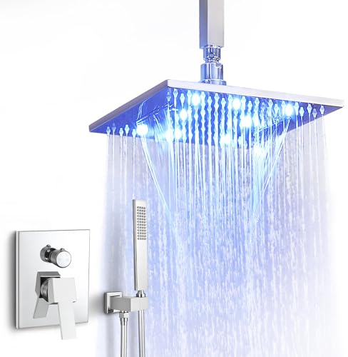 SKOWLL Ceiling Mount Rainfall Shower Head System, 10 Inch LED Waterfall Shower Head with Handheld, 2 Function Bathroom Shower Faucet Set, Polished Chrome Shower System Set