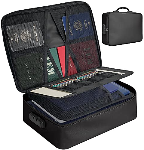 Fireproof Document Bag with Lock, Water Resistant File Document Organizer, Travel Safe Bag Multi-Layer Portable Filing Storage for Important Files/Passport/Certificates-Box Holder for Documents Black