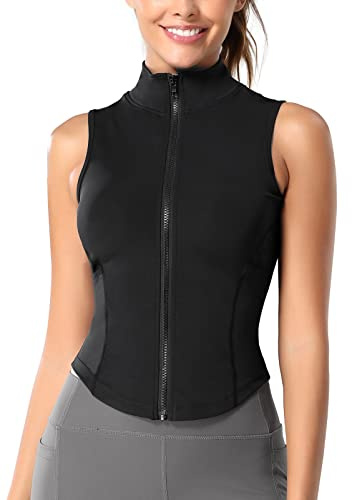 FEOYA Slim Fit full dragkedja sportväst för kvinnor ståkrage ärmlös yogatoppar smal löpning träning gym väst sportkläder fitness linne med böjd fåll elastisk stretch magtröja S-XL, Svart, XL