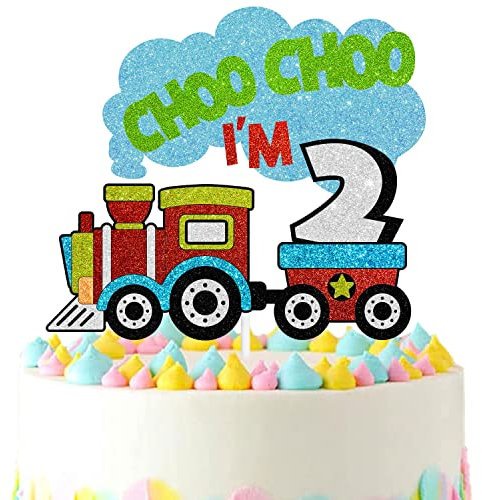 2nd Birthday Cake Topper, Choo Choo I'm 2 train Theme Kids Birthday Glitter Party Decoration Supplies