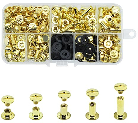 JINTANG 100 Juego de tornillos Chicago, remaches para cuero kit 4/6/8/10/15 mm, metal tornillo clavo remache botón Chicago, para DIY cinturón de cuero artesanía libro (dorado)