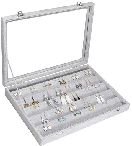 Siveit Earring Organizer Tray Velvet Earring Display Organizer Storage Box Premium 110 Slot 55 Pair Earring Display Organizer with Transparent Glass Cover Suitable for Women and Girls (Grey)
