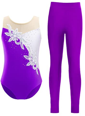 Yeahdor Kinder Mädchen Turnanzug Ärmellose Gymnastikbody Mit Leggings Lang Ballettanzug Tanz Trikot mit Pailletten Wettkampf Tanzen Lila 146-152