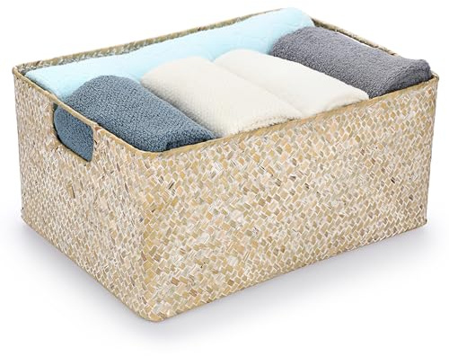 IGNPION Canasta de almacenamiento de hierba marina tejida rectangular para escritorio, caja organizadora de almacenamiento para baño, estantes y escritorios, cesta de almacenamiento multiusos