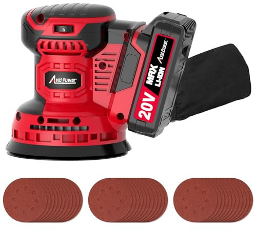 AVID POWER 20V Cordless Orbital Sander 5 Inch Electric Sander Tool with 6 Variable Speeds 7000-11000 RPM Battery Powered Sanders for Woodworking, 30 Pcs Sandpapers and Dust Collection Bag