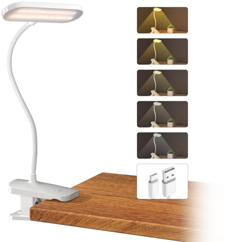 CUHIOY Lampa med klämma på för sänggavel, uppladdningsbart batteri våningssäng lä med klämma, 5 färger 5 ljusstyrka, beröringskontroll skrivbord med flexibel arm, ögonskydd