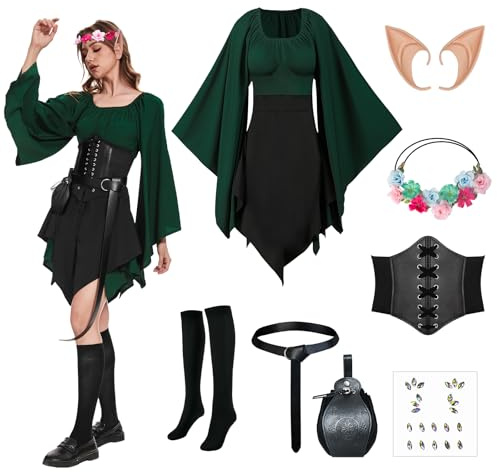 OPAEHJF 8 Pezzi Vestito Da Donna Medievale Tradizionale Irlandese Rinascimentale Elfo Costume Con Orecchie, per Cosplay Vittoriano (S)