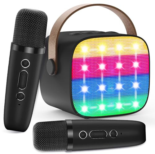 Karaoke Maschine Kinder, Mini Karaoke Maschine mit 2 Mikrofonen, Spielzeug ab 3-12 Jahre Mädchen Jungen Mikrofon Geschenke, Tragbarer Bluetooth-Lautsprecher mit Stimmeffekten & LED-Lichtern