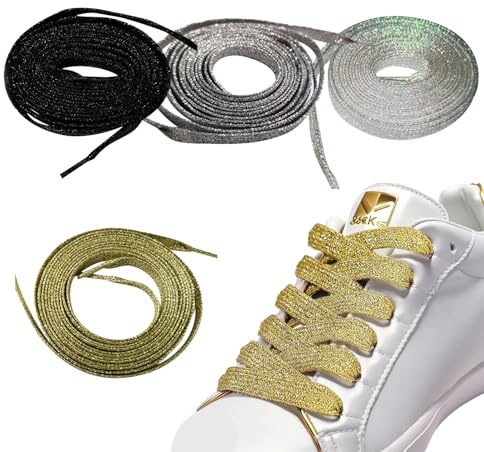 XDGBGFN Lot de 4 paires de lacets plats à paillettes de 10 mm de large - Lacets plats dorés et argentés brillants - Noir et blanc - Pour chaussures de sport - 120 cm, 120
