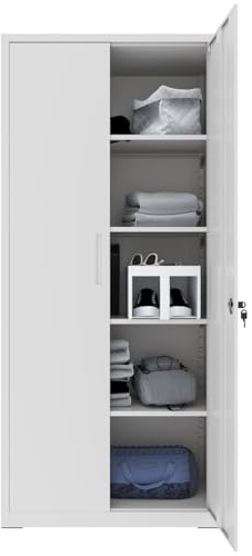 Bricozone Armadio in Metallo Multiuso Armadietto a Doppia Anta con 5 Ripiani Regolabili e Chiusura con Doppia Chiave 180 x 80 x 40 cm Grigio Chiaro per Documenti Strumenti Ufficio Garage