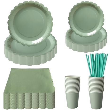 PHUNAT Lot de 125 assiettes en carton vert sauge, serviettes, tasses, assiettes, gobelets et serviettes, fournitures de fête vert sauge pour décoration de table