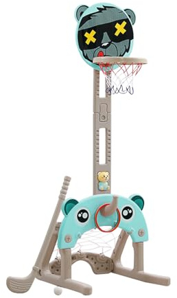 Basketball Hoop Indoor for Kids Height Adjustable Basketball Hoop and Stand Outdoor Child Football and Basketball Set with Football Goal, Ring Toss, Music & Story Player (Green)