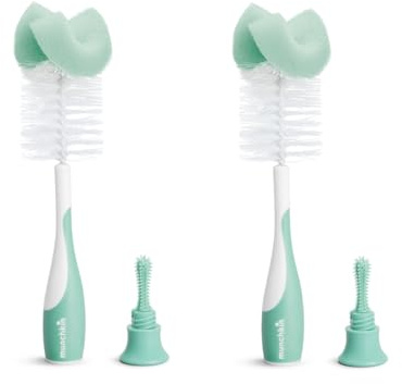 Munchkin 2-in-1 Sponge & Baby Bottle Brushes for Cleaning | Bottle Cleaner Brush & Water Bottle Brush Set | Soft & Reusable with Built in Teat Brush | Dishwasher Safe | 2 Pack | Sage