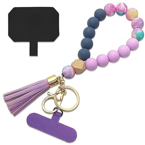 LunarCharm Cordón de silicona para teléfono móvil, correa de muñeca con 2 almohadillas, cadena elástica para smartphones, color morado