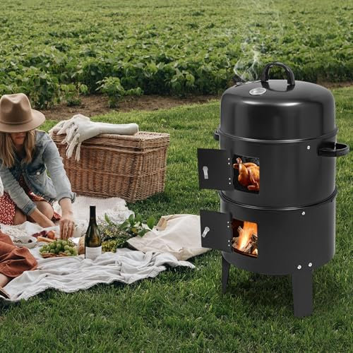 Fumoir multifonction 3 en 1 avec grille de cuisson en acier inoxydable et bac à charbon de bois émaillé, design amovible et thermomètre contrôlé, pour camping et pique-niques, 40 x 84 cm