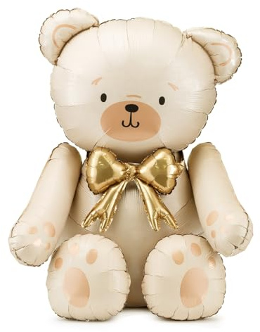 Globo de papel de aluminio de 84 cm, color crema con lazo dorado, relleno de aire, globo de pie para baby shower y fiestas infantiles