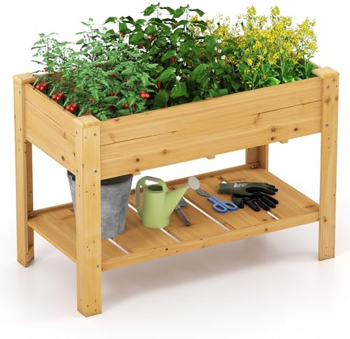 COSTWAY Cama de Jardín Elevada de Madera, Jardinera Elevada con Estante, Drenaje, Contenedor para Flores, Hierbas, Vegetales, Caja de Plantar para Interiores y Exteriores, 120x60x80 cm (Natural)