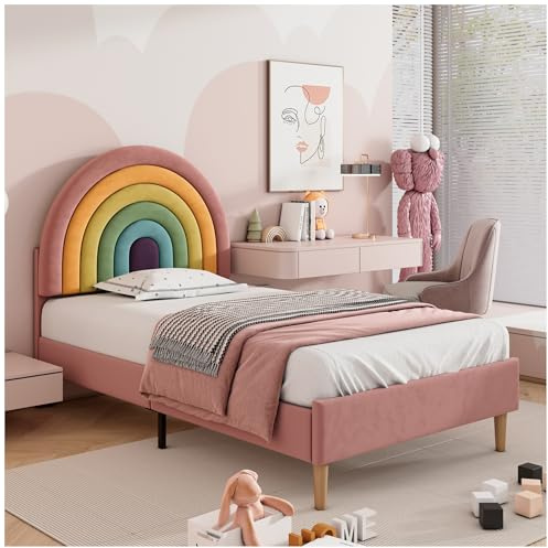 Wyibwy Letto singolo, 90 * 200 cm, con testiera arcobaleno regolabile in altezza, imbottita, per adulti e ragazzi, letto per bambini, velluto, rosa (senza materasso)