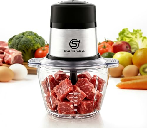SUPERLEX dokumentförstörare kök elektrisk 300 W minimixer med 1 l glasskål blad i rostfritt stål 2 hastigheter kompakt multihackare för nötter kött frukt barnmat