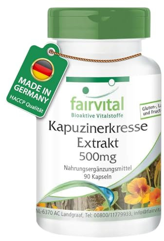 Fairvital | Extracto de Capuchina 500mg - Nasturtium (Tropaeolum majus) - VEGANO - Dosis elevada - 90 Cápsulas - Calidad Alemana
