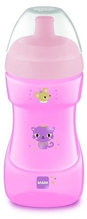 MAM Vaso de Aprendizaje, a partir de 12 Meses, 330ml, con Boquilla Dura Deportiva con Válvula Extraíble Antiderrames, Fácil de Agarrar Gracias a su Diseño Antideslizante y Curvado, Rosa, Pack de 1