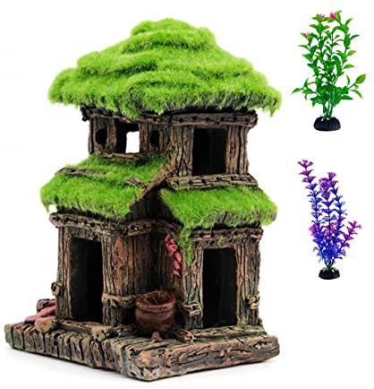 AWXZOM Fish House - Aquarium Decoration with Lifelike Moss, Comes with 2x Artificial Plants