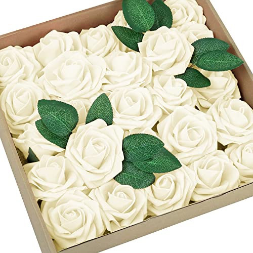 GONICVIN Künstliche Blumen, 50 Pcs künstliche Rosen gefälschte Blumen mit Stängeln, lebensechte DIY Handwerk Blumensträuße für Hochzeit, Party, Haus, Valentinstag Dekorationen (Elfenbein)