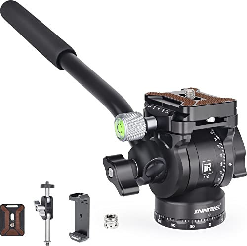 INNOREL Trípode Fluido Cabeza F10 Mini Pan Metal Cámara Video Cabeza de trípode con 2 Arca Swiss Placas de liberación rápida, Mango, Brazo mágico y Clip de teléfono para cámaras DSLR de vídeo
