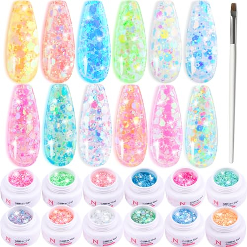 Clara Colors Sparkle Glitter Gel Nagellack Set, 12 Farben Neon Trendiges Durchscheinendes Glitzer Pailletten Soak Off UV LED Gel Nagellack Maniküre Set