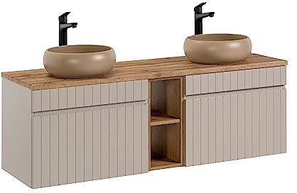 Meuble de lavabo double 140 cm Iconic Cashmere, meuble de lavabo suspendu, plan de travail en chêne, couleur beige (avec plan de travail)