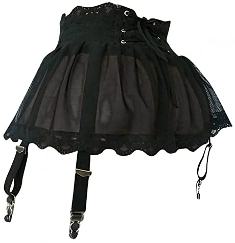 ROSVAJFY Women's Sexy Suspender Mini Skirt with Panties, Sheer Mesh Lace-up Dress Lingerie Underwear Garter Belt with 4 Clips, 2 Pieces High Waisted Skirt + Lace Thong (Black)
