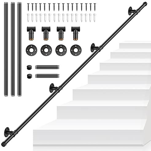 Handrails for Stairs, SenDeluz 3M Metal Stair Handrail for Indoor Outdoor Wall Mounted Handrail Non-Slip Galvanized Iron Industrial Pipe Stair Rail for Wear-Resistant, Corrosion-Resistant