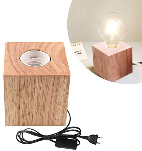 Nizirioo - Lámpara de mesa de madera con cubo, lámpara de noche E27, perfecta para dormitorio, sala de estar y oficina (sin bombilla)