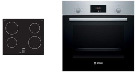 Bosch Home & Kitchen Appliances Bosch Serie 2 PUG61RAA5B Induction hob, 60 cm, Black & Serie 2 HHF113BR0B Stainless Steel Single Electric Oven with A Energy Efficiency, 66 Litre Capacity