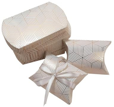 Paquete de 50 mini cajas de regalo de almohada con cinta, cajas de regalo de boda para joyas, caramelos, jabón, embalaje pequeño de recuerdos de fiesta (rayas doradas de 4.3 x 2.75 pulgadas)