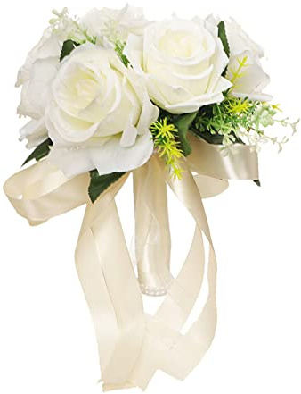 Brautstrauß, Handstrauß für die Hochzeit, Brautstrauß mit künstlichen Rosen, Seidenblumenstrauß mit Band für die Hochzeit, weißer Hochzeitsstrauß mit Blumen, künstlicher Rosenstrauß, künstlicher Braut