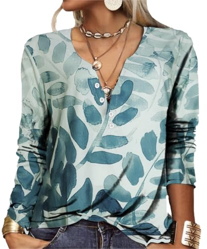 GRMLRPT T-Shirt col V Blouses à Manches Longues pour Femmes Imprimé Tunique Tops Lâche Chemisier T-Shirts pour Femmes Sweat-Shirt Tuniques Basiques Haut Automne(Style-A,XL)
