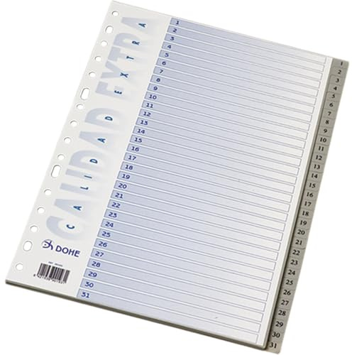 Dohe Register mit 2 und 4 Ringen (31 Stück) – Indexe, nummeriert 1-31, robuster Kunststoff 180 Mikron, 16 Löcher, Grau