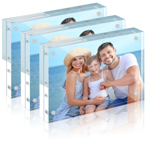 HOUSE DAY Acrylic Picture Frames 4x6, 3 Pack Magnetic 4 x 6 Picture Frame, Double Sided Clear 4x6 Photo Frame with Microfiber Cloth, Frameless FreeStanding 4x6 Frame Gift for Desktop Display