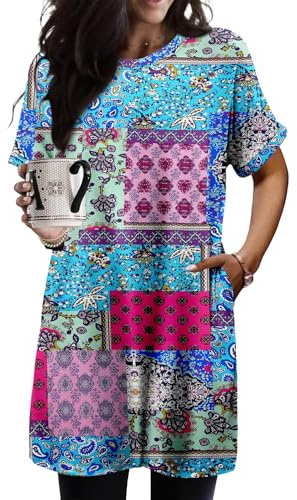 KISSMODA Womens Summer Tunic Tops for Leggings Short Sleeve Casual Long Shirts with Pockets