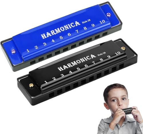 ExcellaElite Harmonicas for Adults 2 Pcs Harmonica Kids, 10 Hole 20 Tone Harmonica C, Metal Mouth Organ,Suitable for Beginners/Professionals/Students/Performers (Black & Blue)