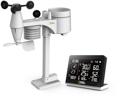 National Geographic Funkwetterstation SC mit 8-in-1-Außensensor, Farbwechsel-Display, Temperatur, Luftfeuchtigkeit, Windmesser, Regenmesser, UV, WBGT