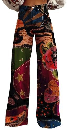 Pantaloni da donna anni '70 – Pantaloni Boho anni '60 hippie fiori a vita alta, abbigliamento da discoteca, pantaloni da yoga, pantaloni in denim, jeans vintage ricamati, eleganti jeans a tubo, jeans