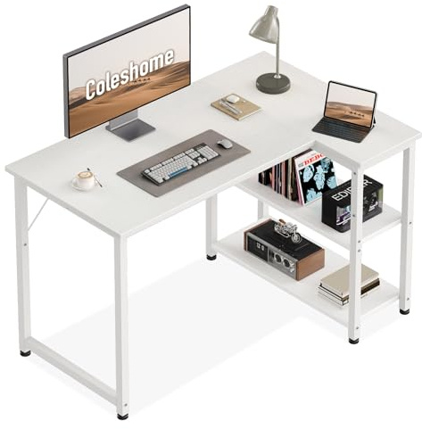 Coleshome Bureau d'angle,100x70 cm Bureau Informatique avec Étagères de Rangement Réversible, Blanc Bureaux d'ordinateur Peu Encombrant, Petit Bureaux Adapté au Bureau à Domicile