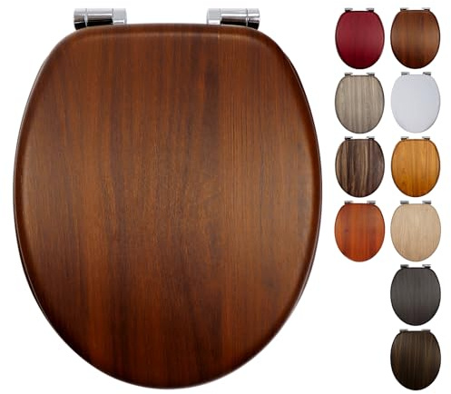 Fanmitrk Walnut Wooden Toilet Seat with Soft Close Adjustable Solid Hinges, MDF Wood Oval Toilet Seats (JH7406-01)