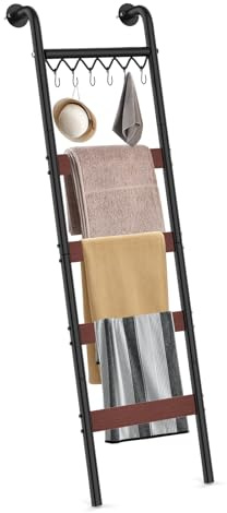 Wooden Blanket Ladder, Wall-Leaning Blanket Rack, 5 Tier Ladder Shelf, 5.6 ft Blanket Holder, Decorative Display Ladder Shelf for Storage and Home Decor, Rustic Brown and Black