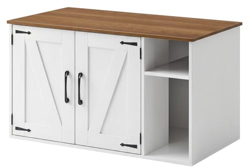 HOOBRO Mueble Arenero para Gatos Estilo Vintage, Caseta para Gatos Oculta, Caja para Mascotas, Mesa Auxiliar Multifuncional, Caja de Arena para Gatos Fácil de Montar, Blanco y Nogal EWH41MW01