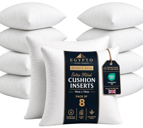 EGYPTO Pack of 8 Cushion Inserts 75cm x 75cm | Plump Bounce Back 30x30 Inch Cushion Pads | Hypoallergenic Sofa & Throw Pillows Inner | Made in UK