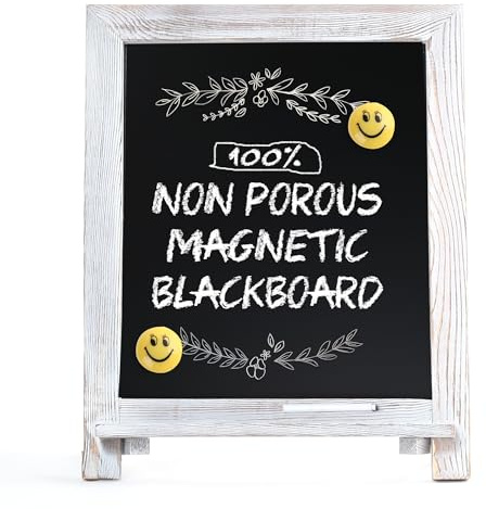 LotFancy 15x12 Magnetic Chalk Board Sign, Small Wood Framed Tabletop Black Easel Chalkboard, Foldable Standing Ledge,1 White Chalk Pen 2 Magnets and Wall Hanging Kits Included, Whitewash