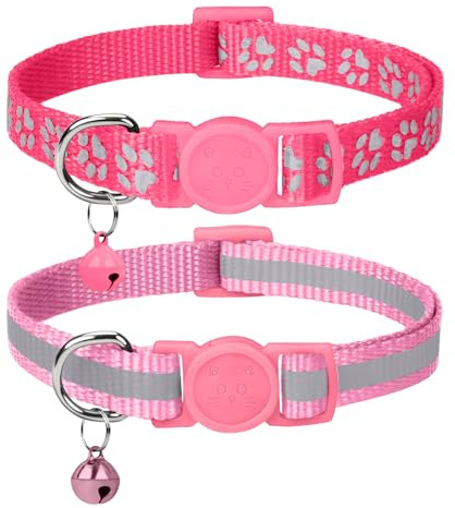Taglory Collier Chat Anti Étranglement, 2 pcs Réglable Réfléchissant Collier pour Chat Chaton Chiot avec Clochette et Boucle de Sécurité, 19-32cm Rose